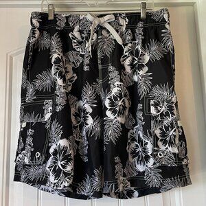 Ocean Pacific OP Mens Black and White Hawaiian Floral Print Swim Trunks